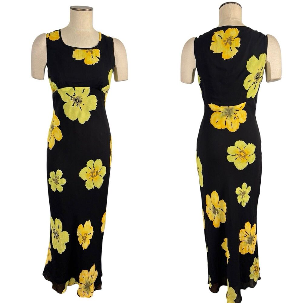 VTG 90s Y2K ABS Womens 4 Sleeveless Black Yellow Floral Midi Dress